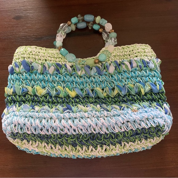 Cappelli Straworld Handbags - Capelli Straworld Inc. Straw Sheer Ribbon Bead Handle Tote Bag